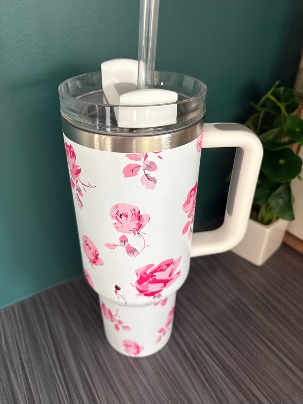 White Floral Insulated Travel Mug with Handle and Straw